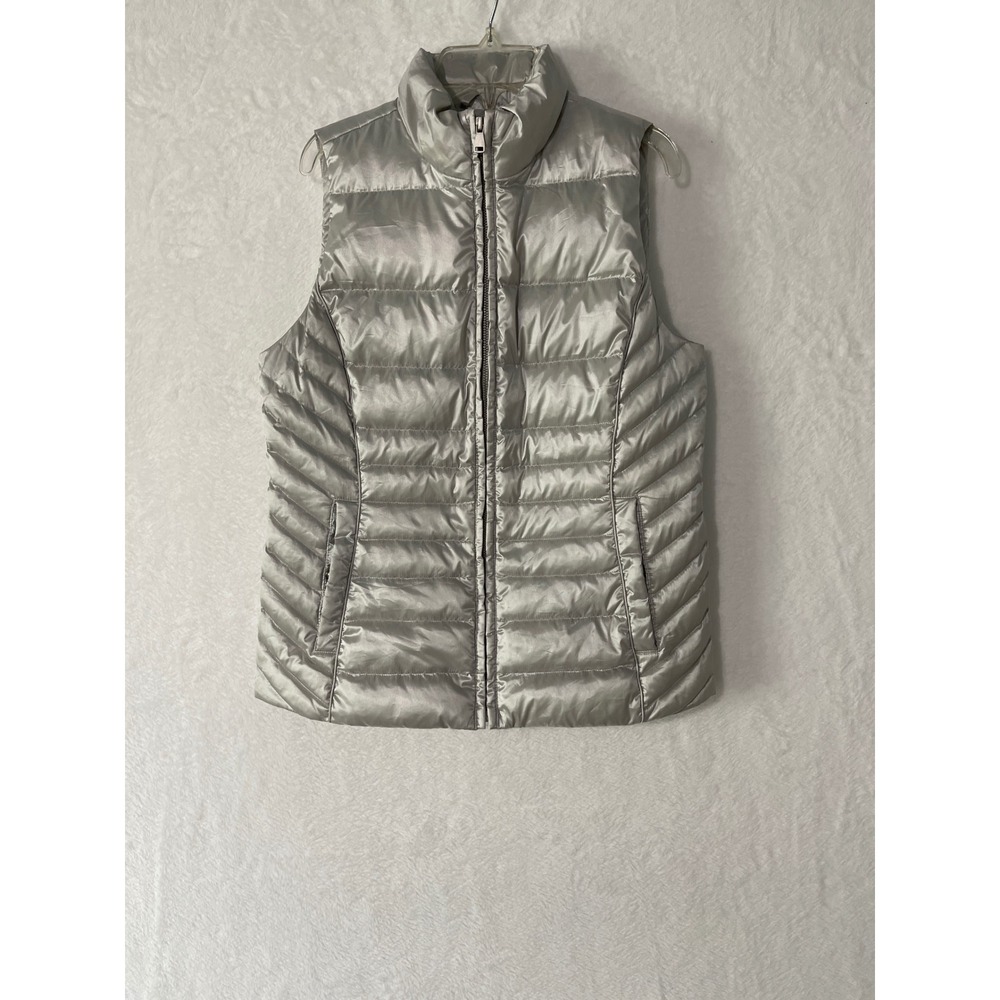 Talbots Womens Silver Metallic Down Puffer Vest Quilted Zip Up Small
